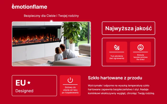 Bezpieczny kominek elektryczny Emotion Flame UNITY 152 z hartowanym szkłem