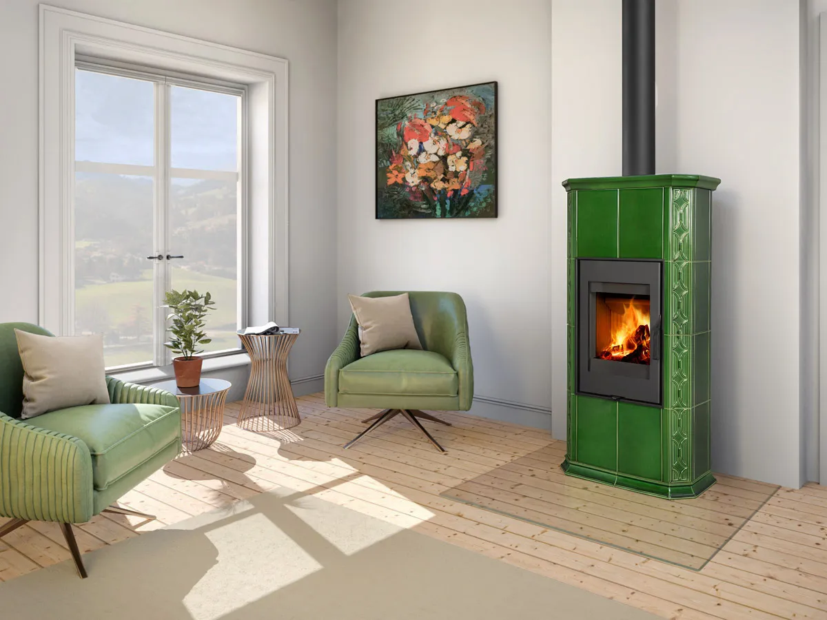 Kaflowy piec kominkowy ROMOTOP GREMIO 4 zielony